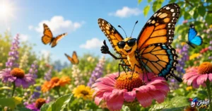 Playful butterfly wearing sunglasses on a pink flower in a colorful garden