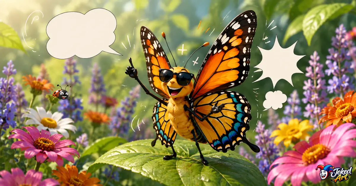 butterfly-wordplay-puns.jpg Colorful butterfly surrounded by flowers in a playful garden illustration