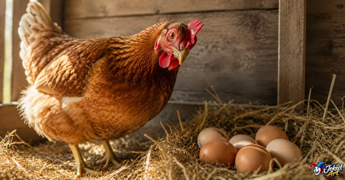 Chicken standing beside eggs in a rustic nesting area