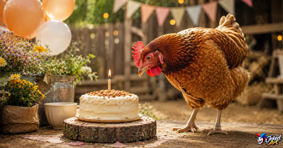 Chicken beside a small birthday cake in a festive setting