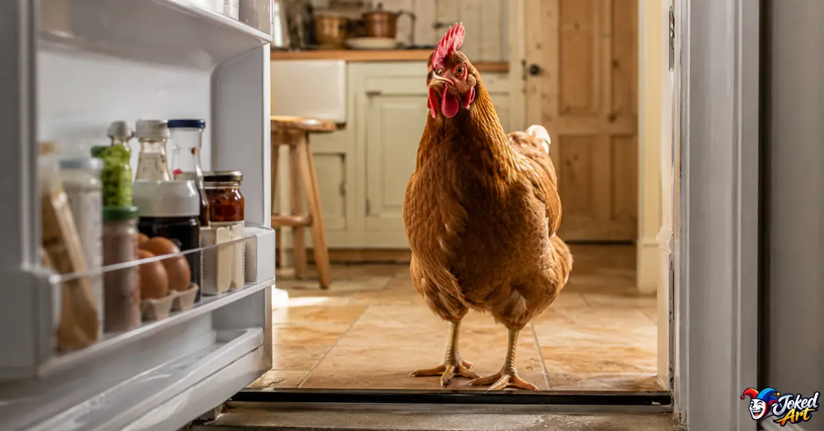 Chicken staring toward an open refrigerator in a humorous scene