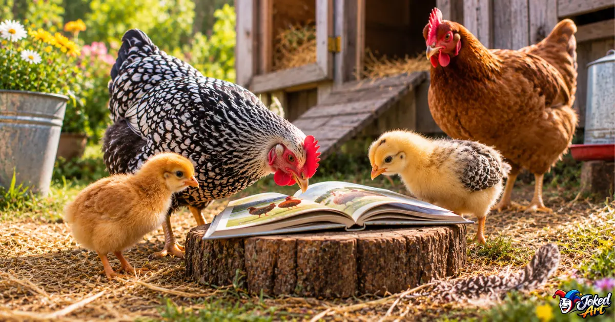 Friendly chicks playing and exploring on a sunny farm