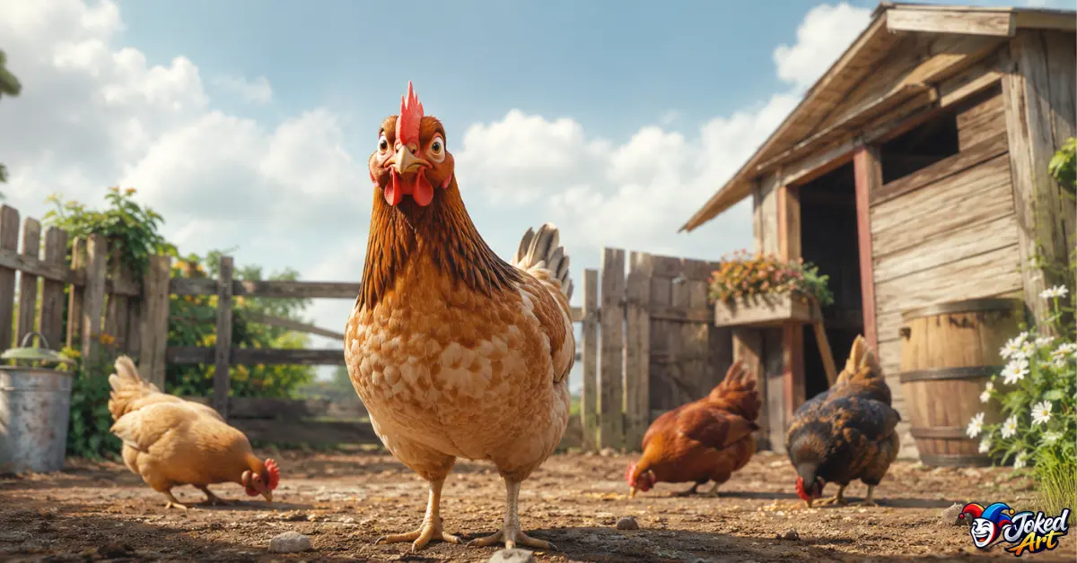Expressive backyard chickens in a funny farmyard scene