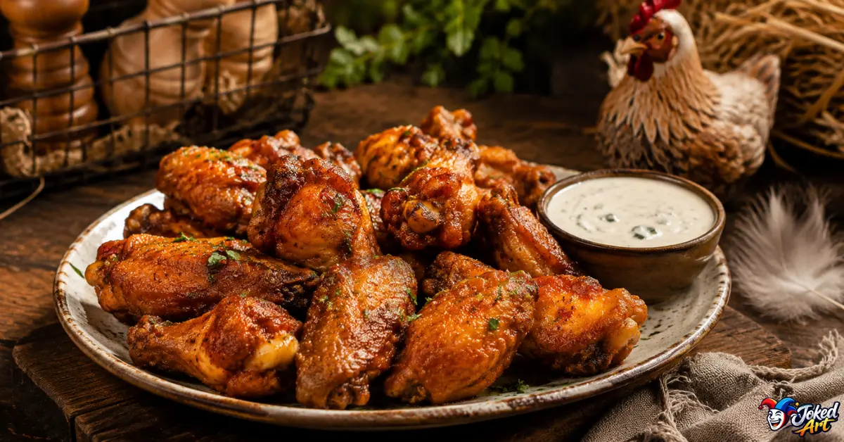 Crispy chicken wings with dipping sauce on a table