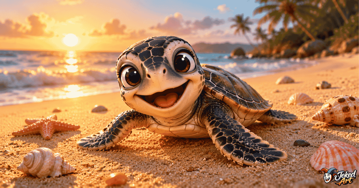 cute-turtle-puns.webp Cute baby turtle smiling on a sandy beach