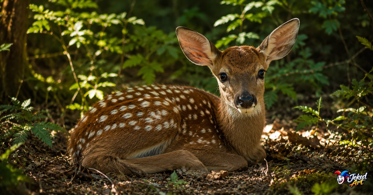 Spotted white-tailed fawn resting quietly on a woodland floor