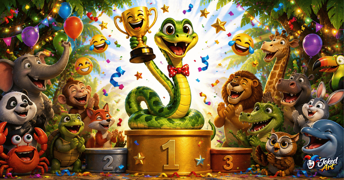 editors-top-snake-puns.webp Snake holding a trophy for the funniest snake puns.