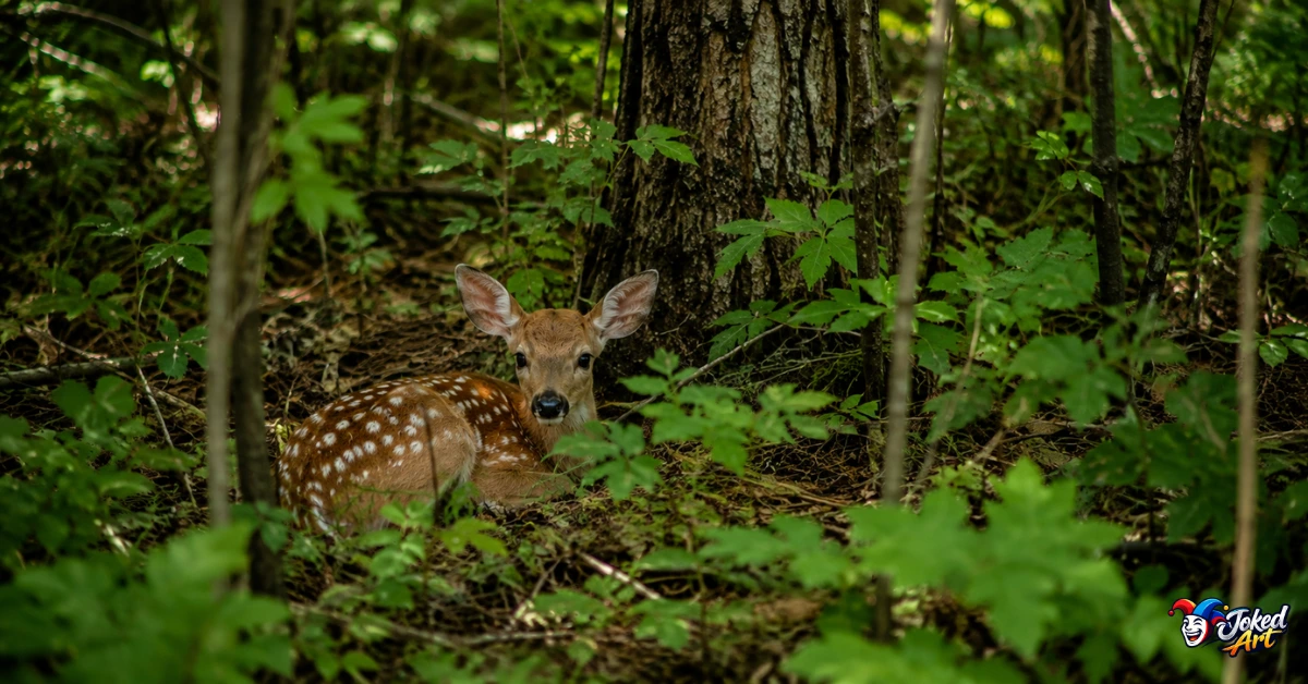 Spotted white-tailed fawn resting alone and concealed in woodland vegetation