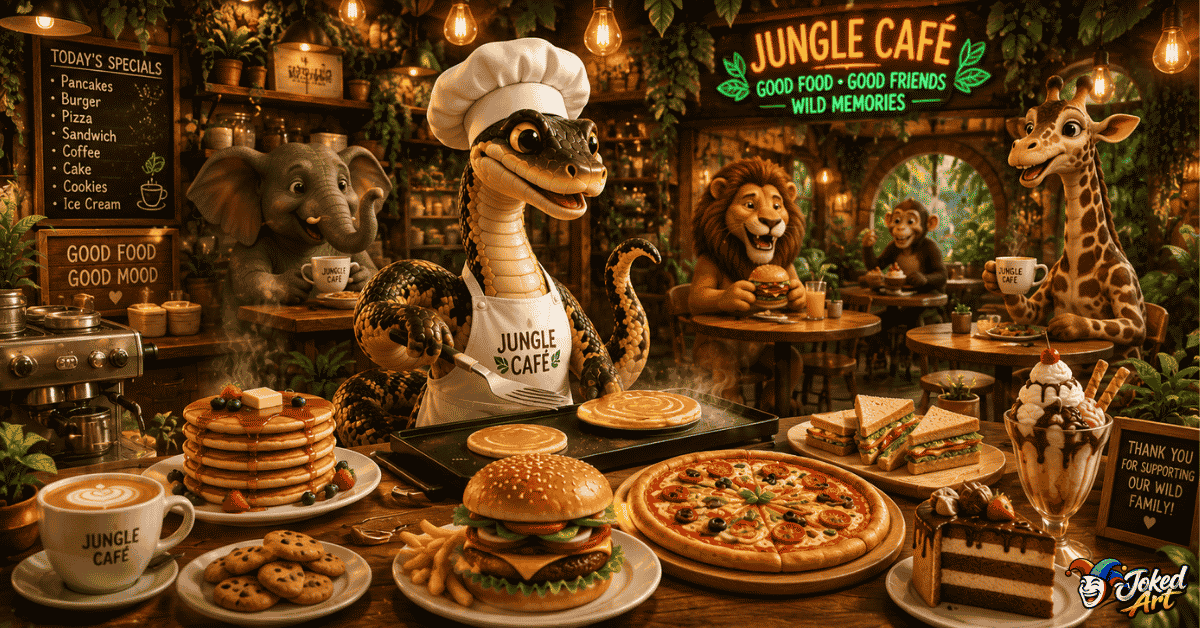 food-snake-puns.webp Funny snake chef preparing breakfast, lunch, coffee, desserts, and dinner.