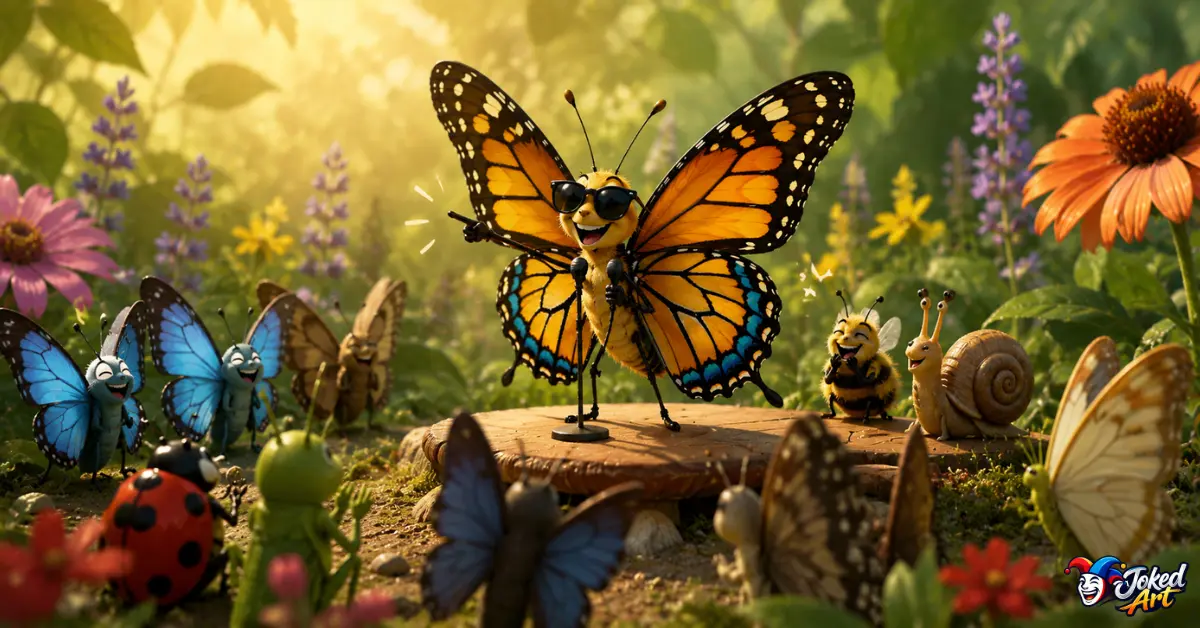 funny-butterfly-jokes.jpg Expressive butterfly delivering a joke in a colorful garden illustration