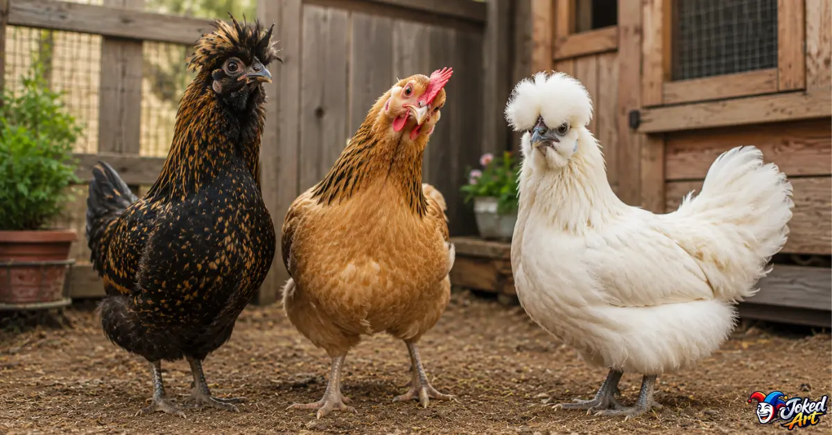 Three distinctive pet chickens with playful personalities