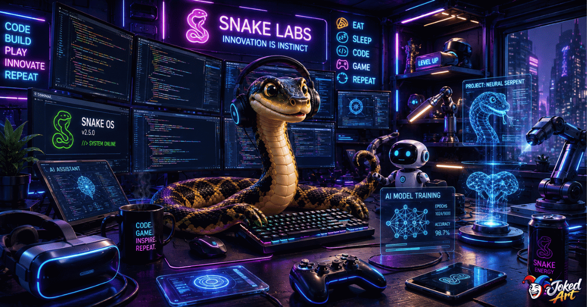 gaming-technology-snake-puns.webp Gaming snake coding on a computer while surrounded by futuristic technology.