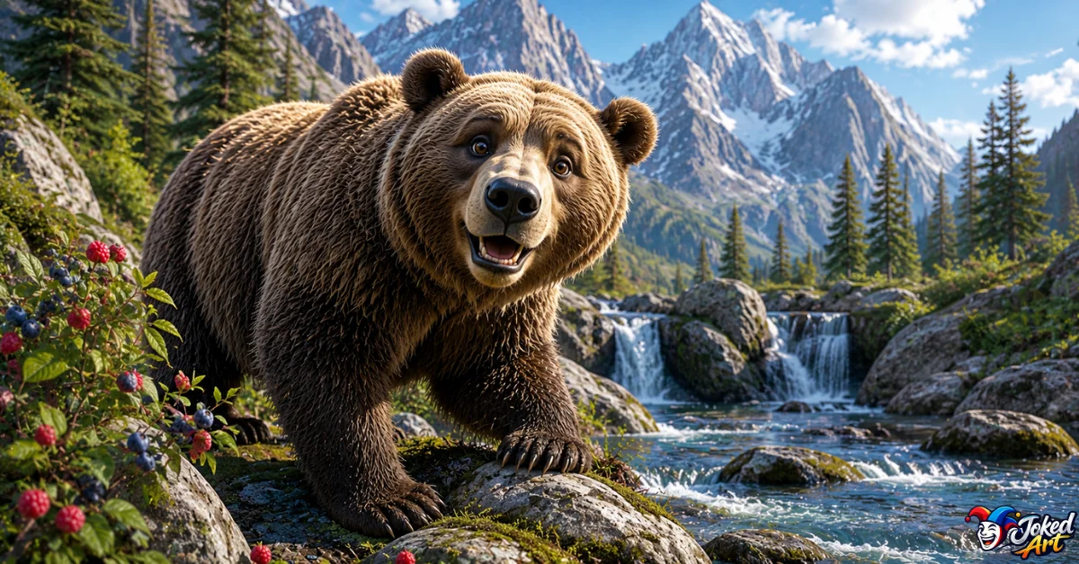 grizzly-bear-puns.jpg Friendly grizzly bear in a rugged mountain wilderness
