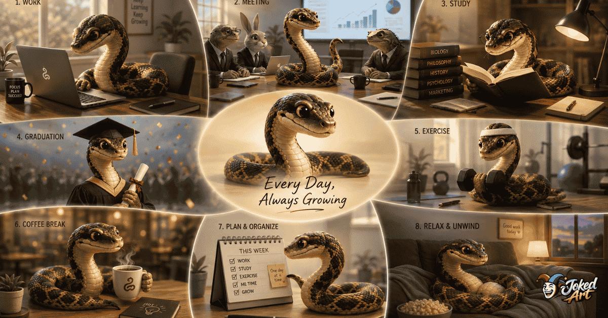 lifestyle-snake-puns.webp Cartoon snake working, studying, graduating, attending meetings, and enjoying daily life.