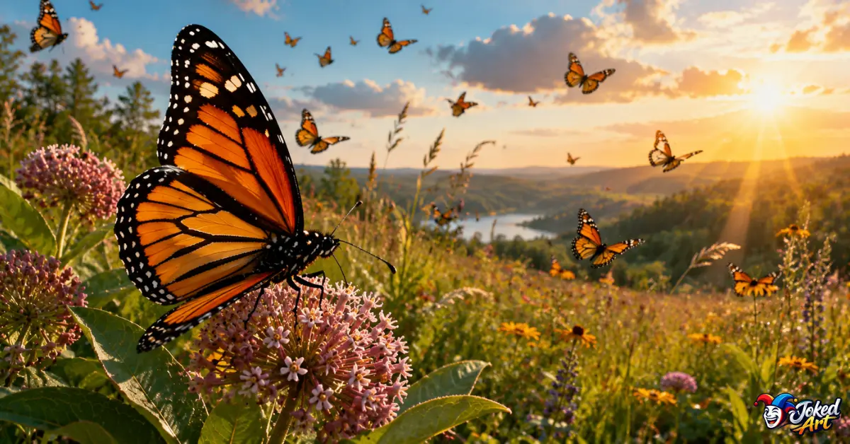 monarch-butterfly-migration.jpg Monarch butterfly in a North American meadow surrounded by wildflowers