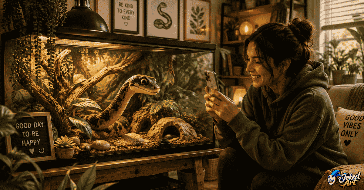 pet-snake-puns.webp Cute pet snake enjoying life inside a beautiful terrarium with a happy owner.