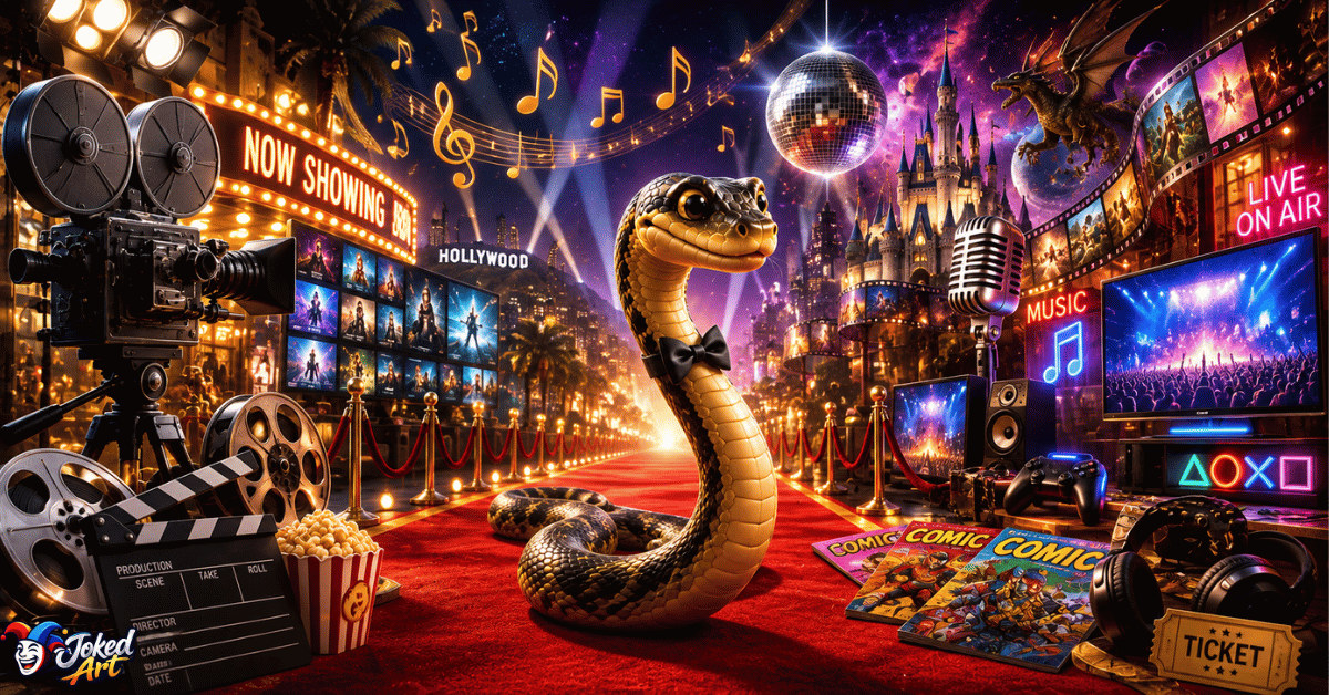 pop-culture-snake-puns.webp Snake enjoying movies, music, television, gaming, comics, and fantasy adventures.