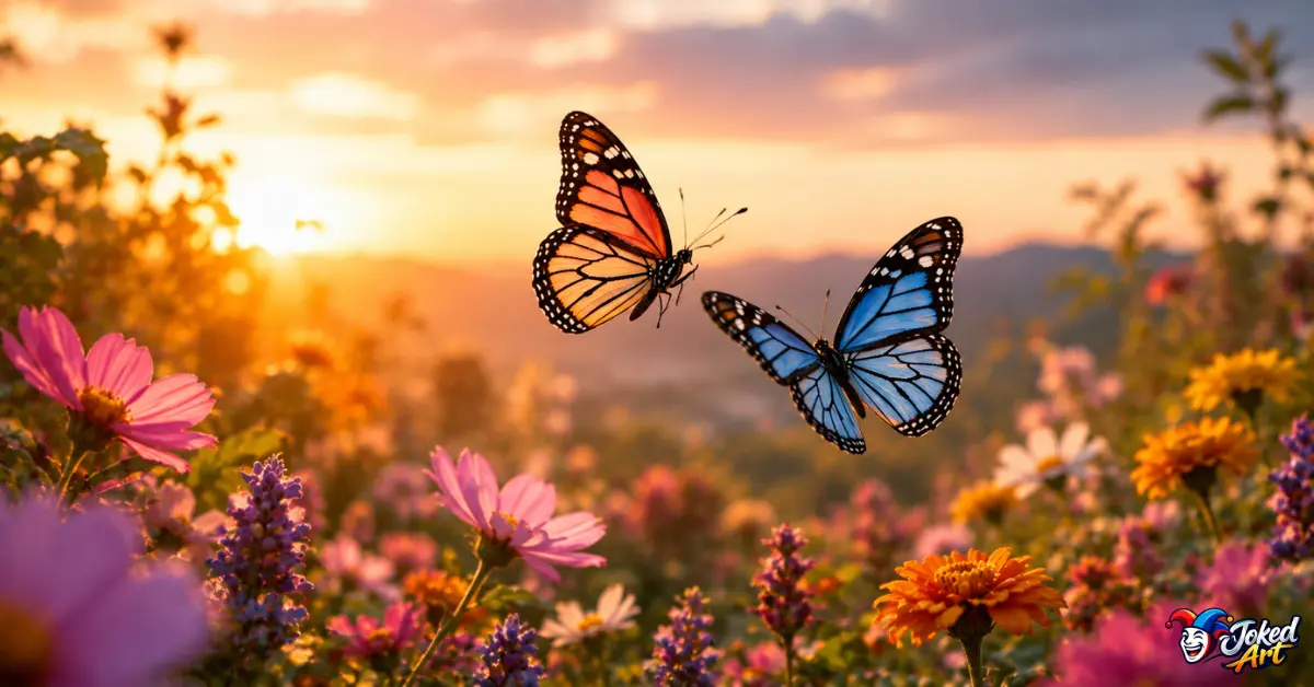 romantic-butterfly-puns.jpg Two colorful butterflies flying together over a flower-filled garden