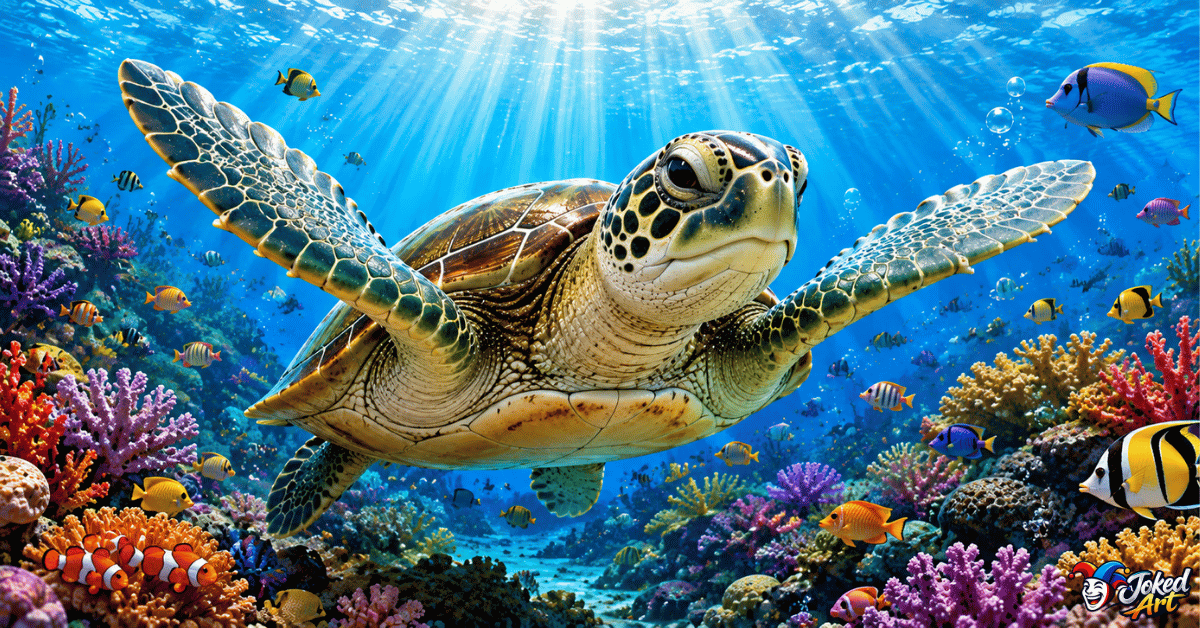 sea-turtle-puns.webp Sea turtle swimming through colorful coral reef