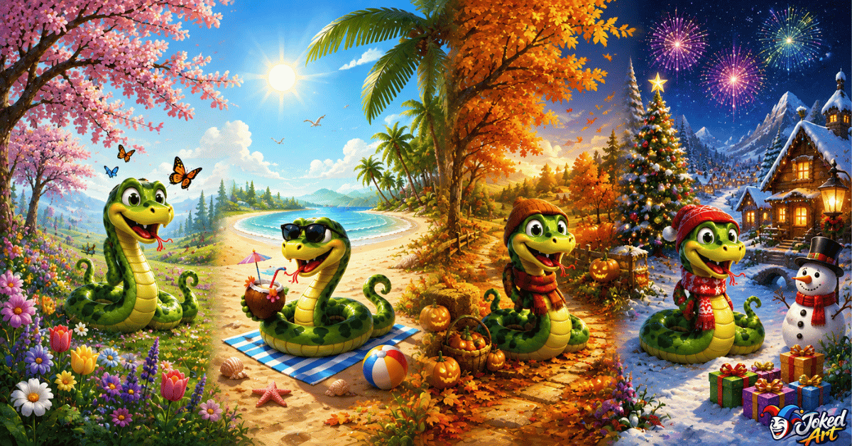 seasonal-snake-puns.webp Cheerful green snake enjoying spring flowers, a summer beach, an autumn pumpkin patch, and a snowy winter holiday landscape in one colorful seasonal adventure.