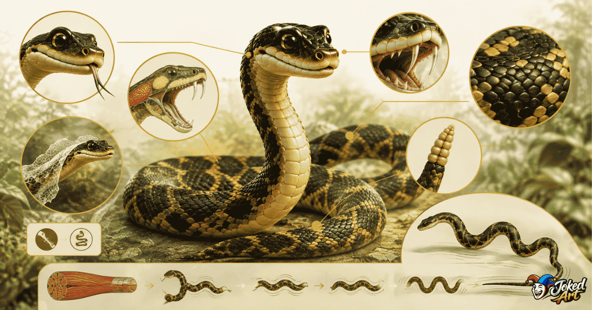 snake-biology-puns.webp Educational illustration showing snake anatomy including fangs, scales, venom, tongue, shedding, and rattles.