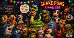 Funny cartoon snake performing stand-up comedy while jungle animals laugh.
