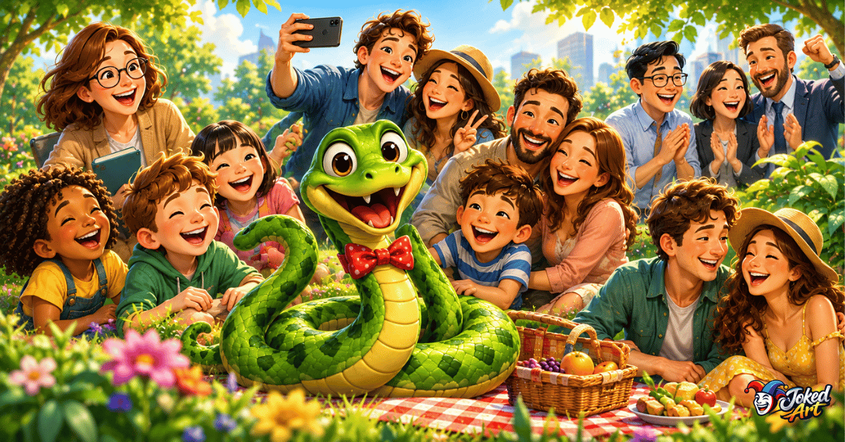snake-puns-for-people.webp Friendly snake interacting with children, teachers, students, parents, friends, couples, coworkers, and a boss.