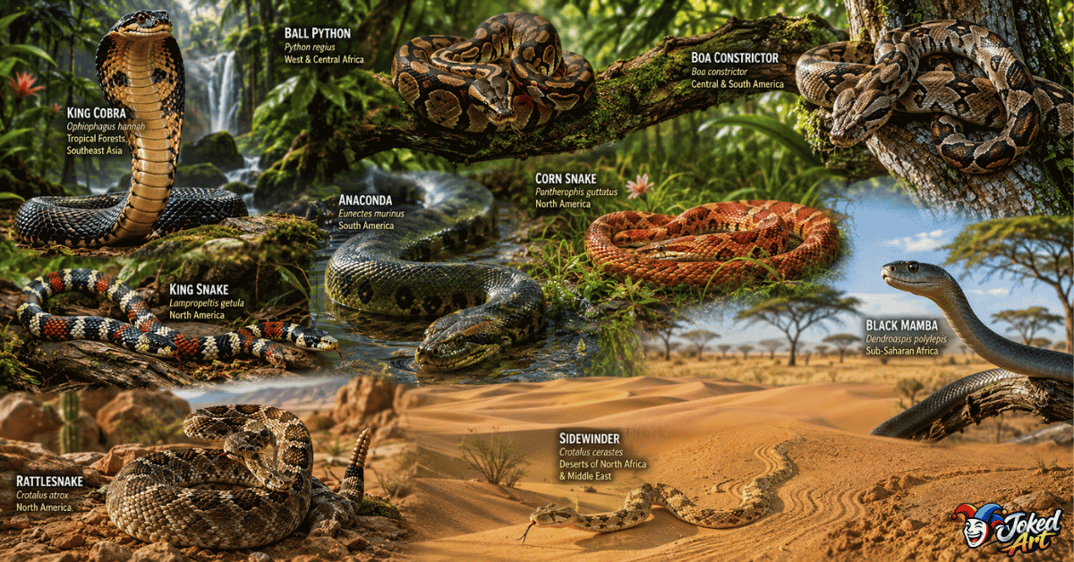 snake-species-puns.webp Illustration featuring king cobra, python, boa constrictor, anaconda, corn snake, king snake, black mamba, rattlesnake, and sidewinder.