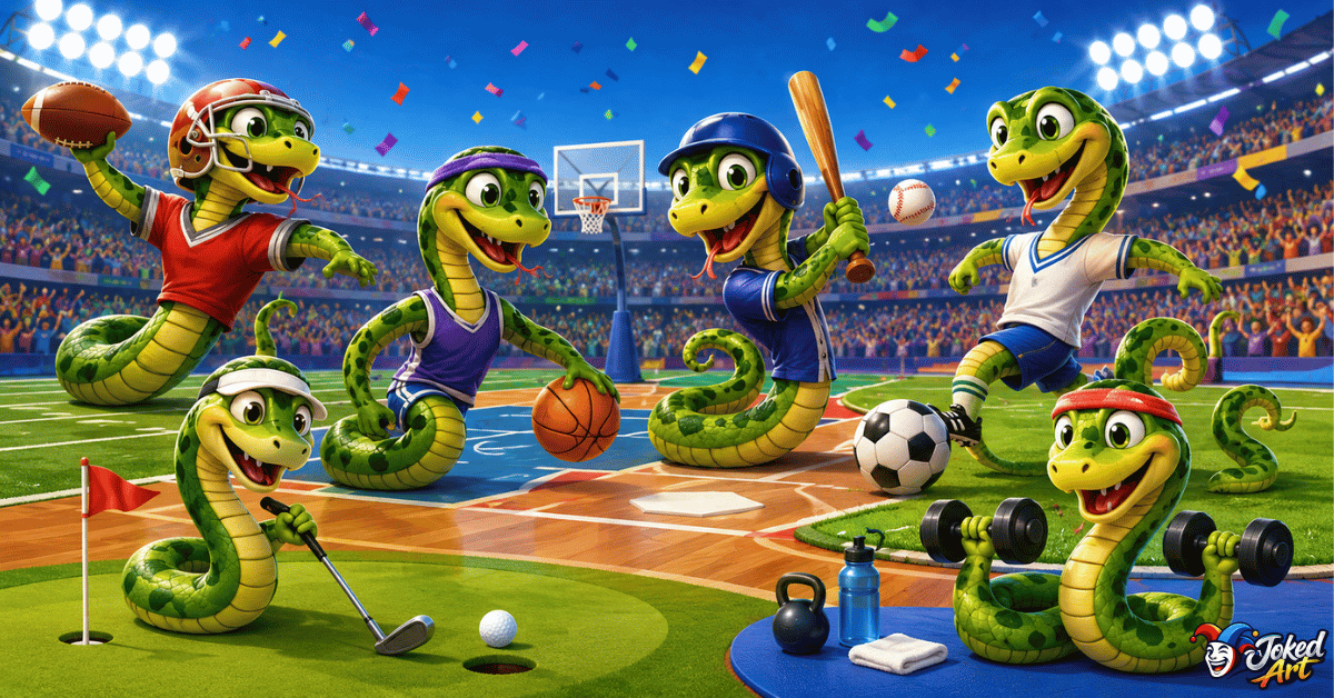 sports-snake-puns.webp Cheerful green snake playing football, basketball, baseball, soccer, golf, and fitness activities in a colorful sports stadium.