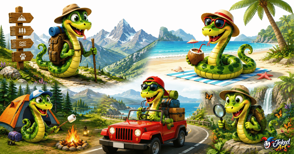 travel-snake-puns.webp Cheerful green snake hiking mountains, camping, relaxing on the beach, taking a road trip, and exploring nature on a colorful travel adventure.