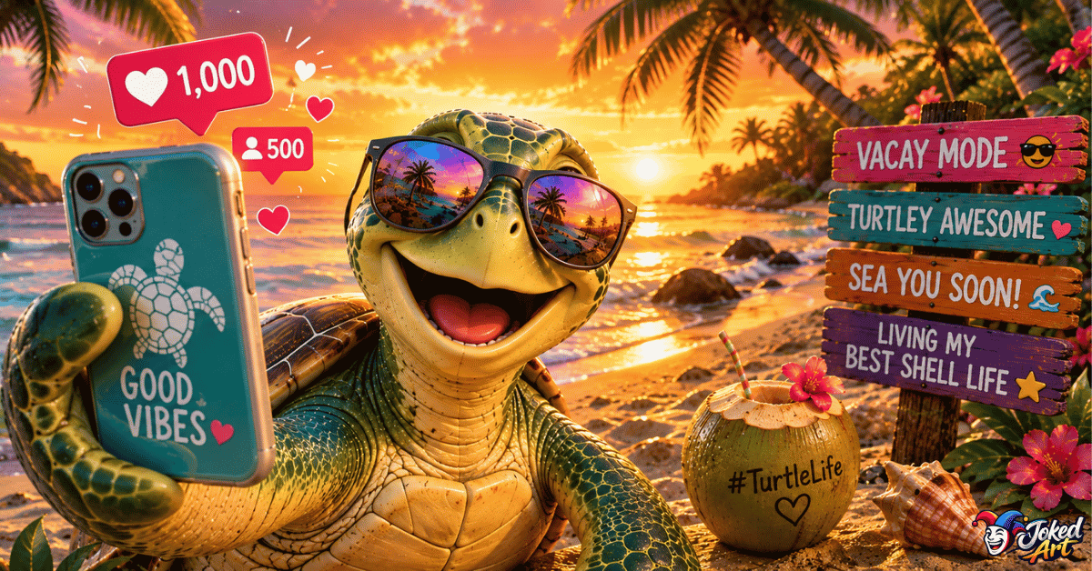 turtle-instagram-captions.webp Sea turtle taking a selfie on a tropical beach