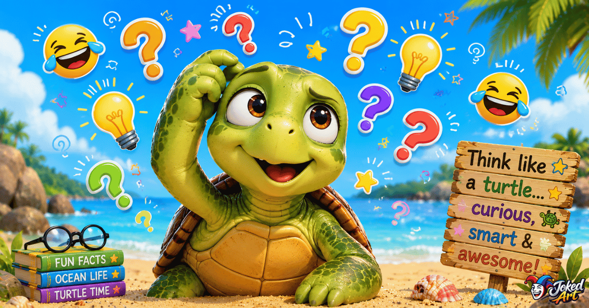 turtle-jokes-riddles.webp Happy turtle thinking about funny riddles
