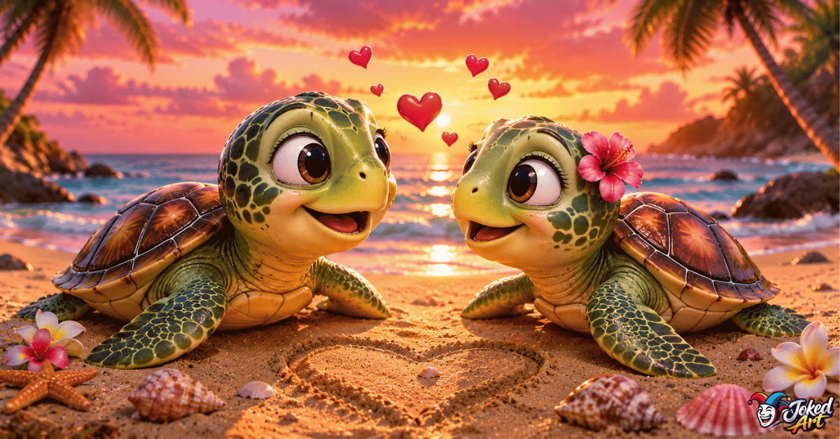 turtle-pick-up-lines.webp Two adorable turtles smiling at each other on the beach