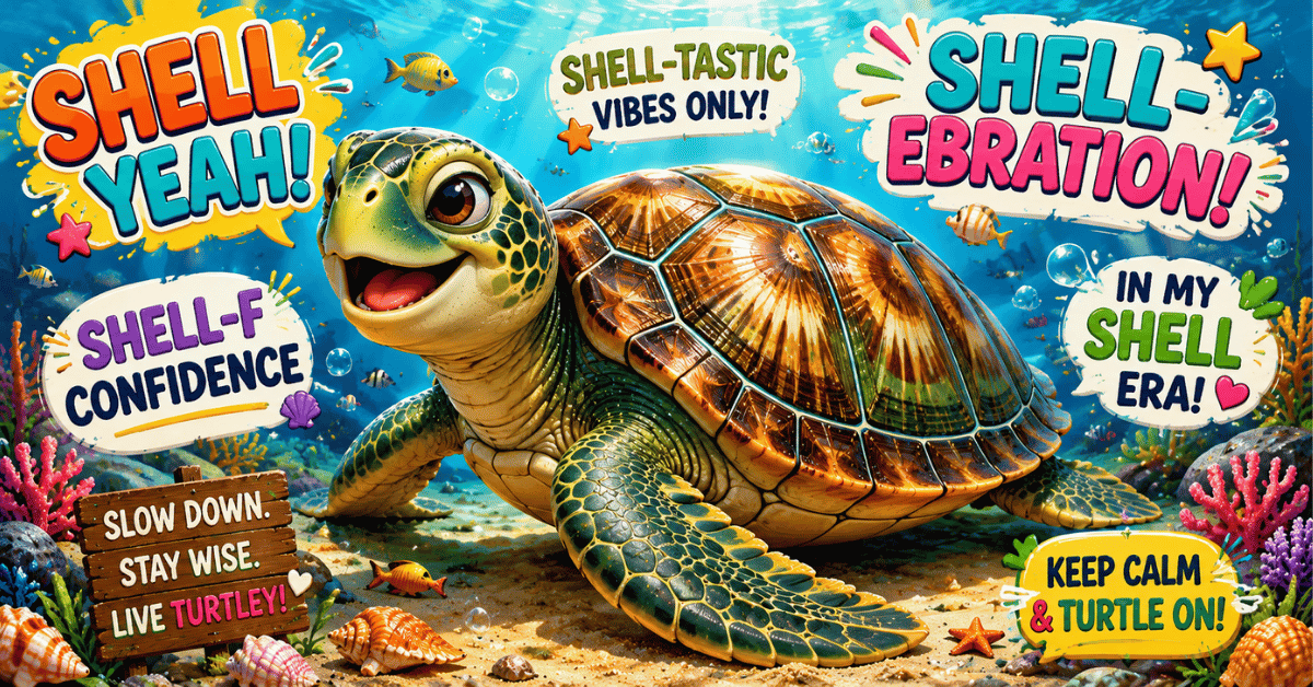 turtle-shell-puns.webp Close-up of a turtle shell with funny shell wordplay