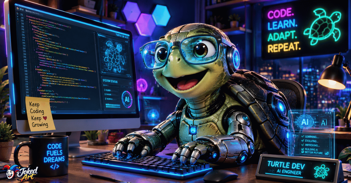 turtle-technology-puns.webp Robot turtle coding on a computer