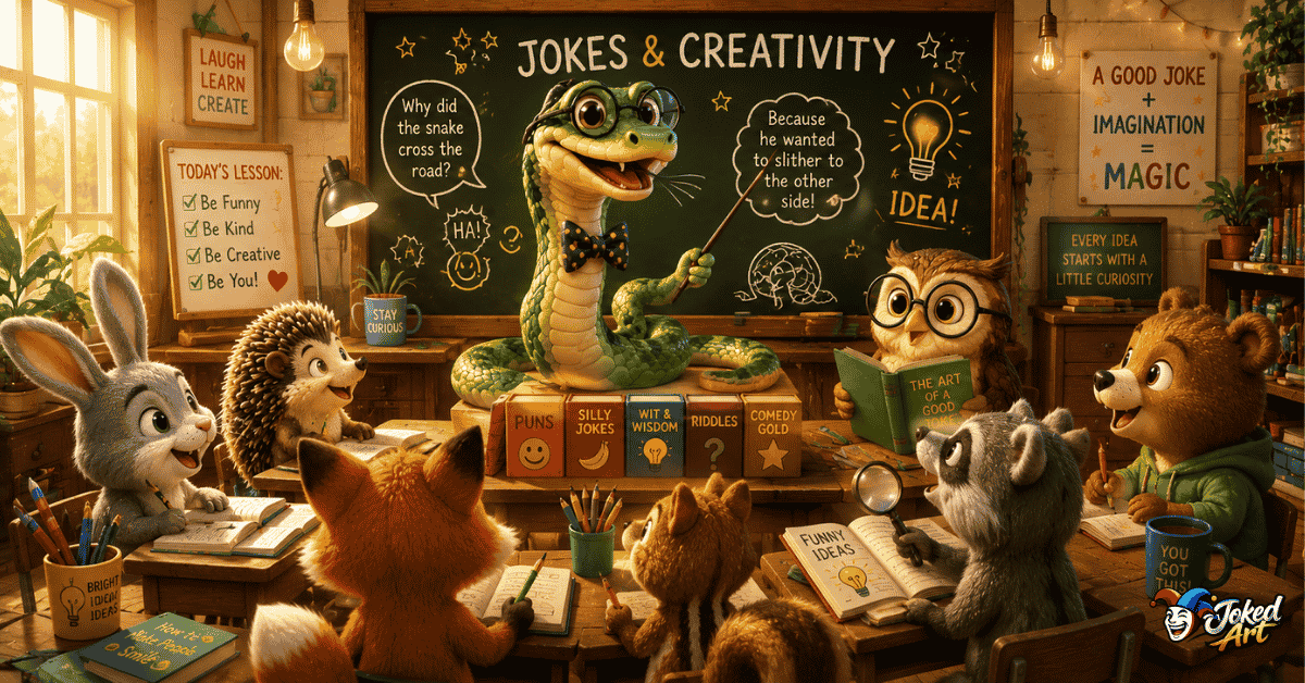 ultimate-snake-pun-guide.webp Professor snake teaching creative snake wordplay in a fun classroom.