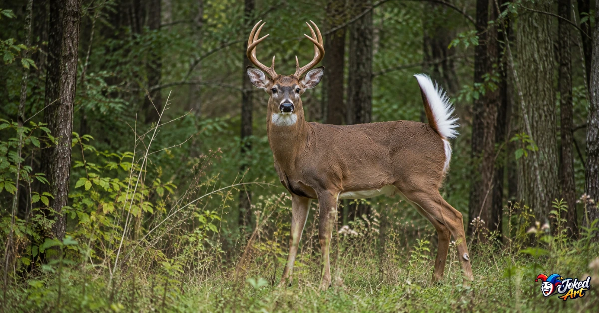 White-tailed deer raising its tail while alert in the forest