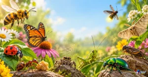 Collection of playful insects in a garden for bug puns and jokes