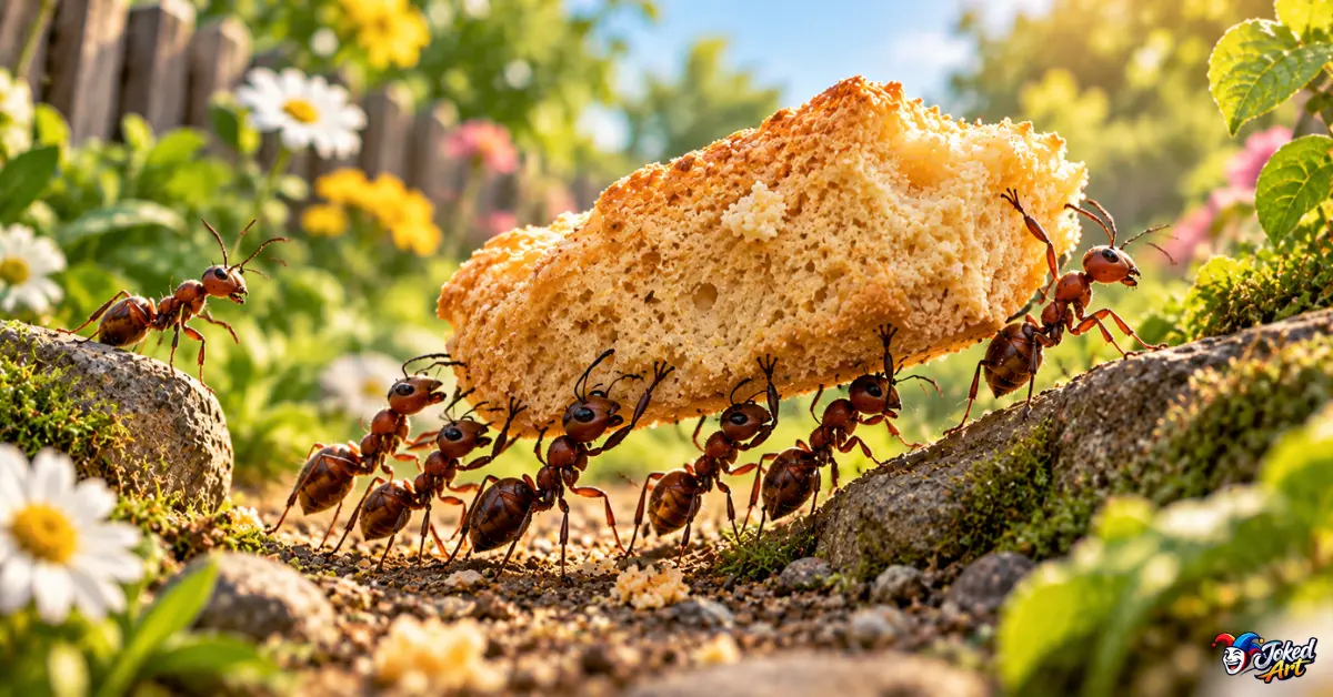 Ants working together to carry a large crumb