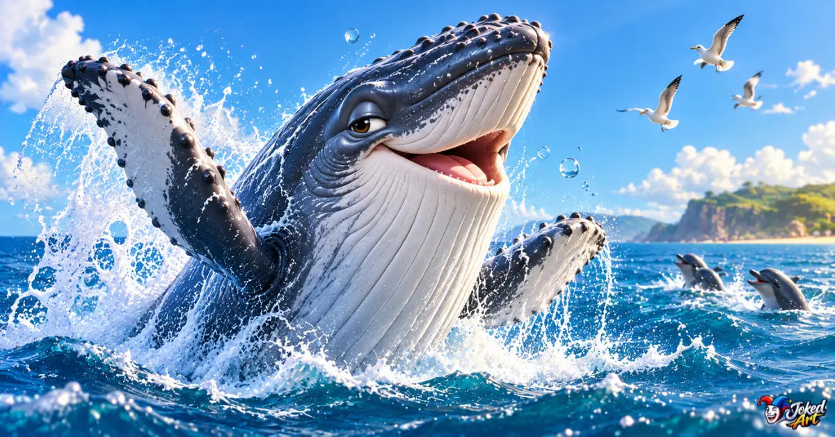 best-whale-puns-funny-whale.webp Funny whale surfacing with a playful expression