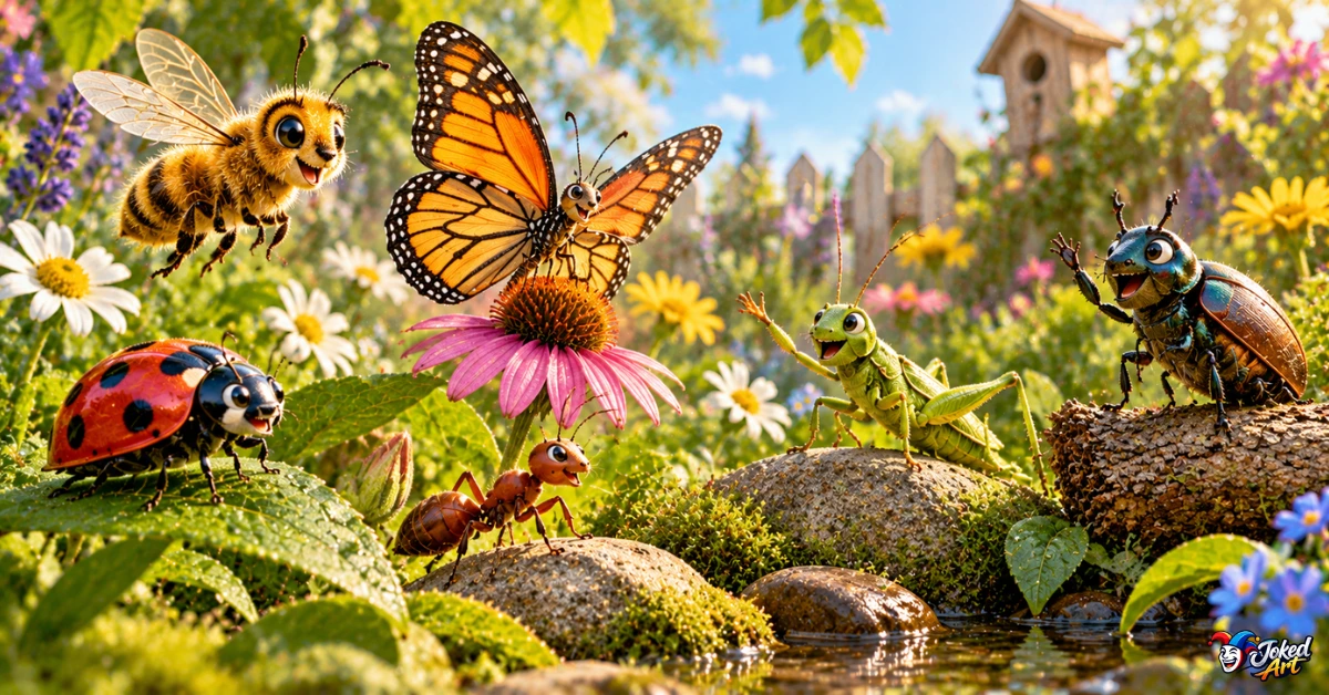 Friendly insects exploring a colorful garden for kids