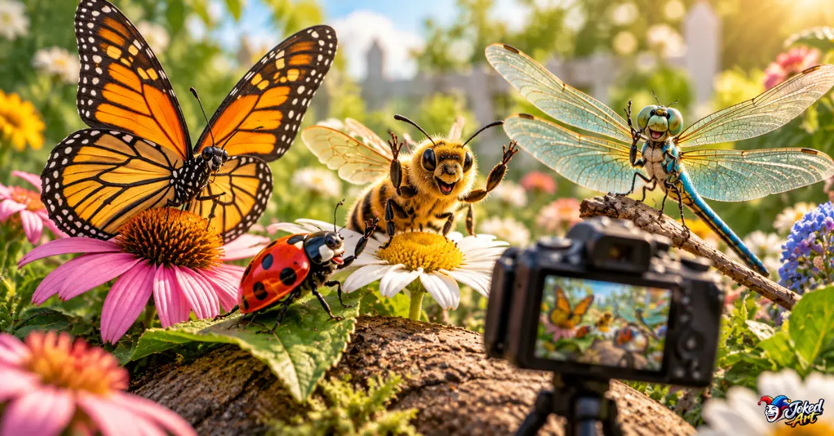 Butterfly, ladybug, bee and dragonfly in a playful garden scene