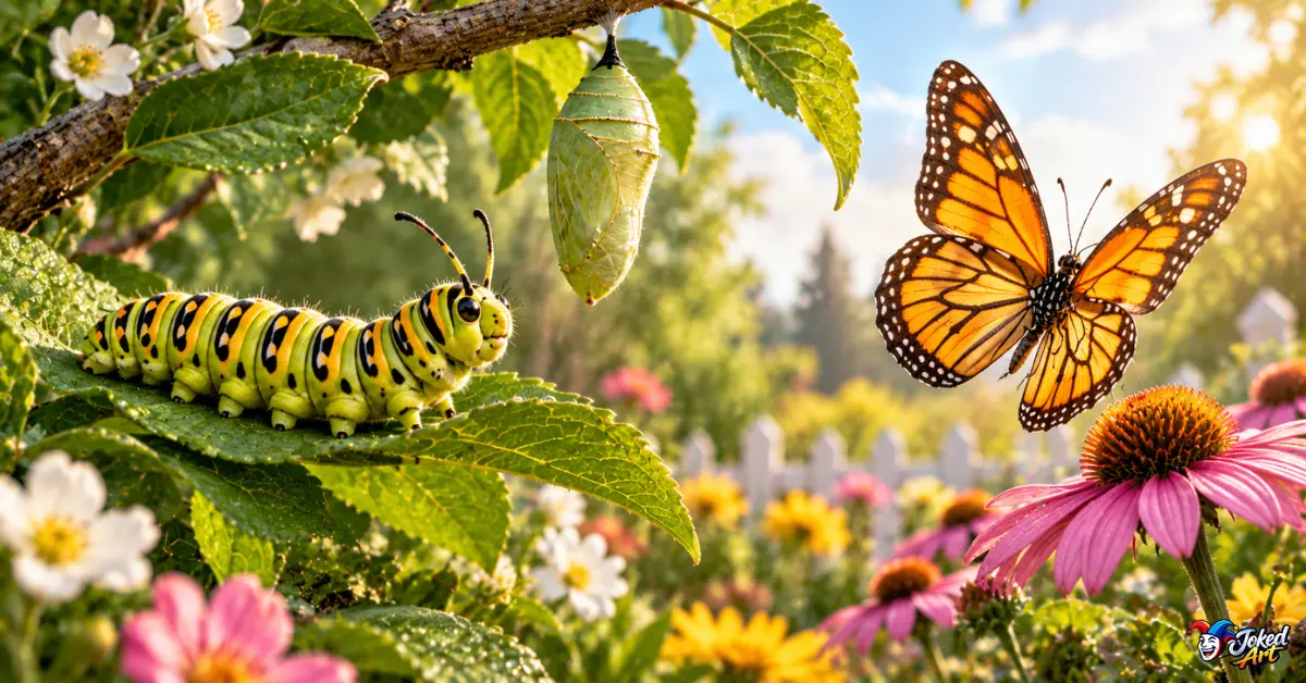 Caterpillar and butterfly in a garden showing insect transformation