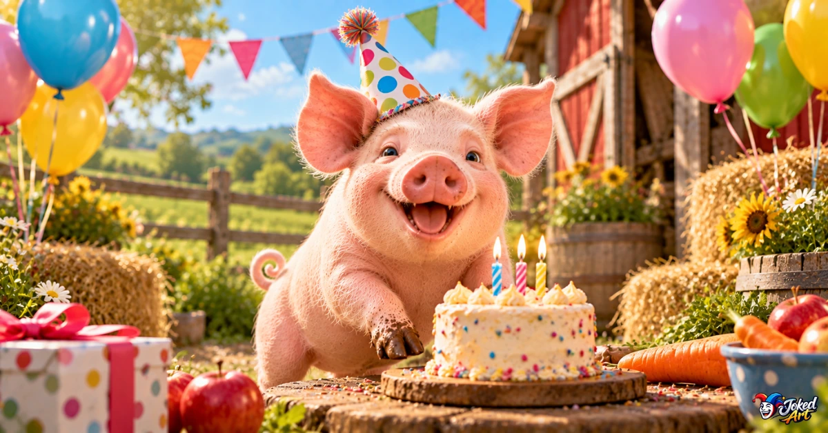 cute-pig-birthday-puns.webp Cute pig celebrating a birthday with cake and decorations
