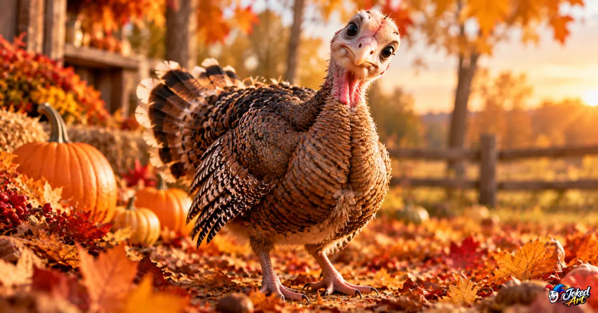 Cute young turkey standing among autumn leaves