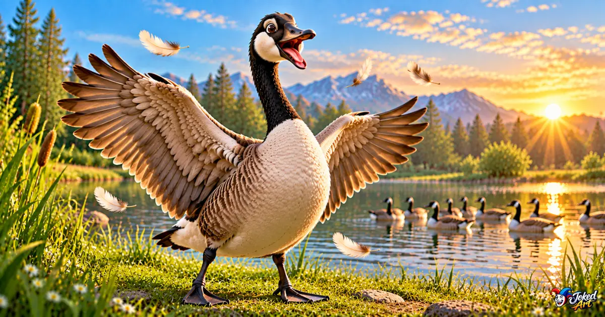 daily-goose-puns-honking.webp Goose honking beside a pond for daily goose pun humor