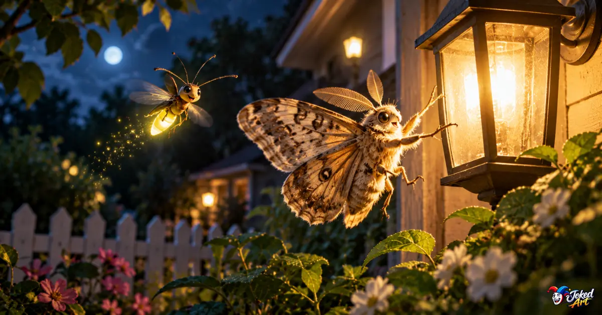 Glowing firefly and moth near a porch light at night