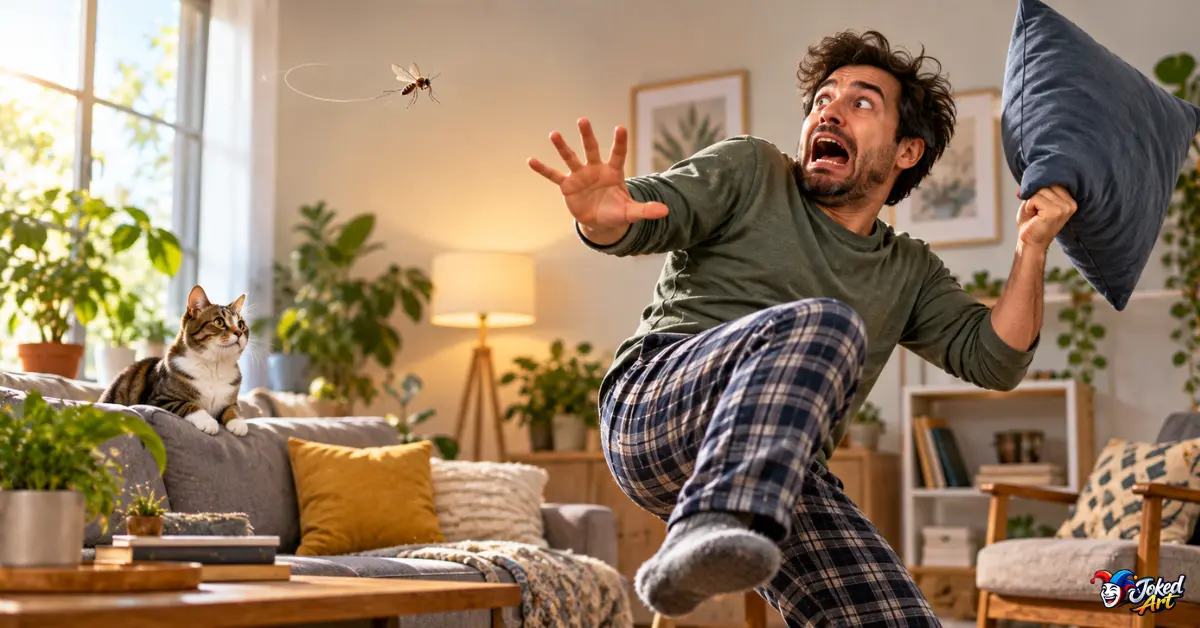 Person reacting dramatically to a tiny flying bug indoors