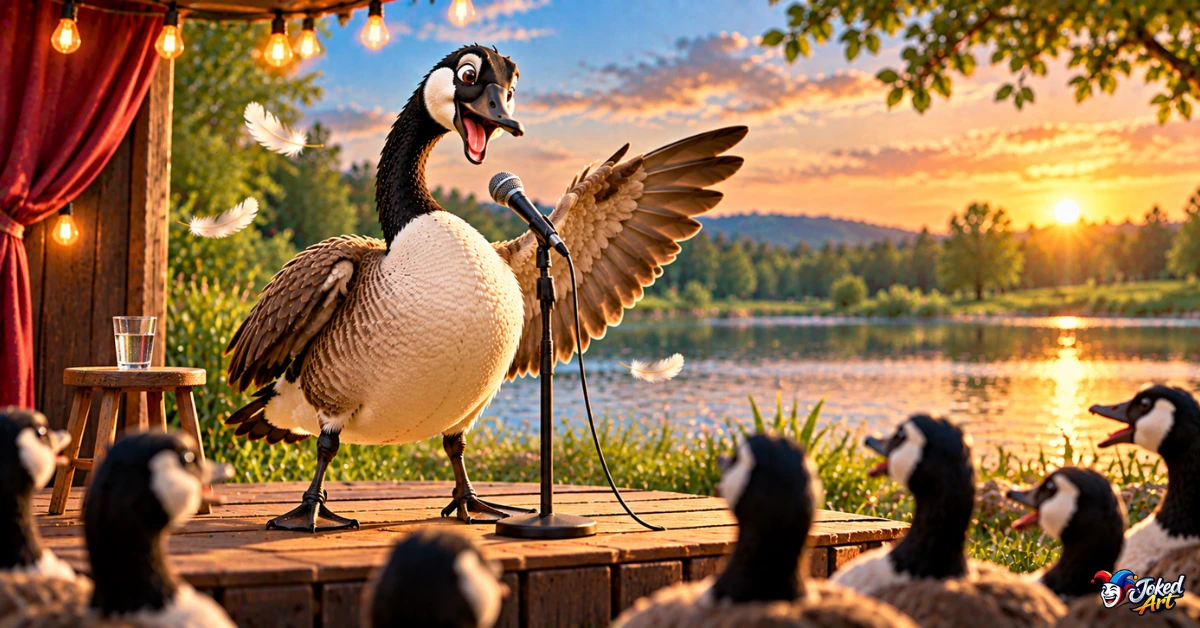 funny-goose-jokes-honking-comedy.webp Funny expressive goose delivering a joke with a loud honk