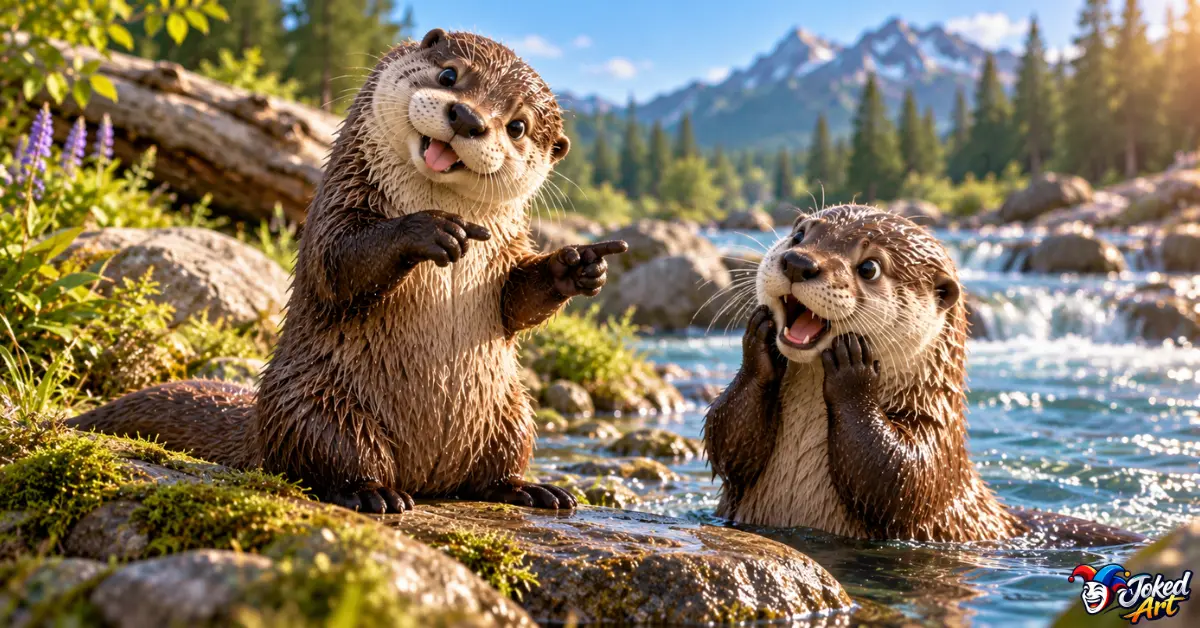 funny-otter-jokes-3d.webp 3D otter making a playful expression beside another otter
